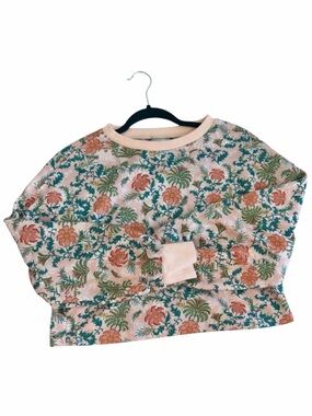 Retro Floral Jacquard Knit Sweatshirt Botanical Print Peach Green S M